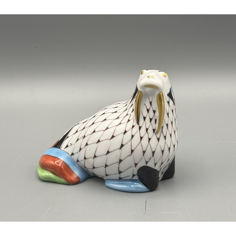 Unique Vintage HOLLOHAZA Fishnet Gold Trim Walrus Figurine Hungarian Porcelain